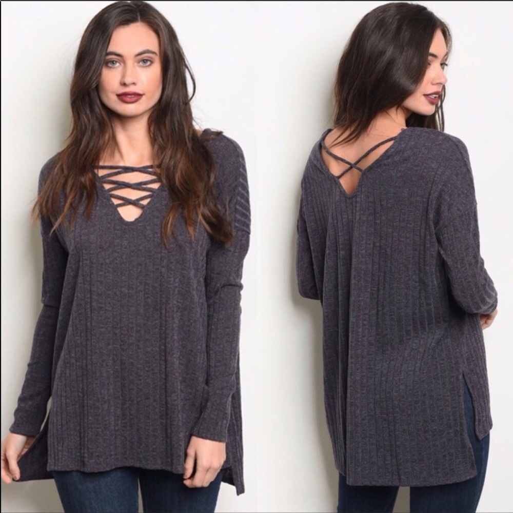 Charcoal Hi Low Lace-Up Top